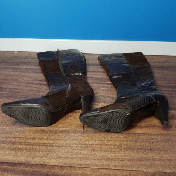 GUC Bandolino Brown Patchwork Knee High Heel Boots - Picture 5 of 8